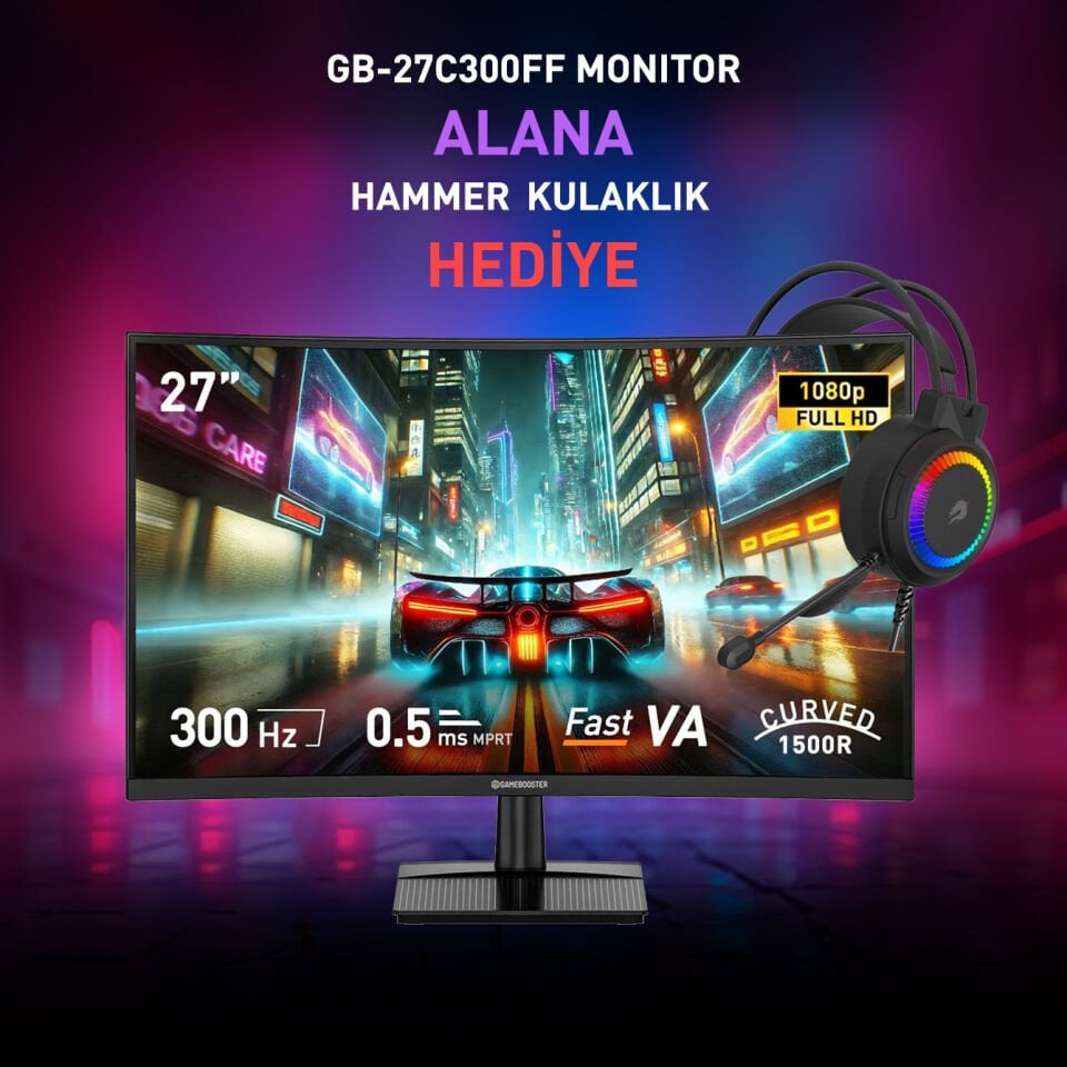 GameBooster GB-27C300FF  300Hz 0.5ms Gaming Monitör +GB H02B Hammer Rainbow Kulaklık Hediye!