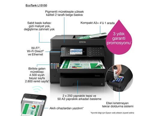 EPSON EcoTank L15150 Baskı, Tarama, Kopya, Faks ( USB, Ethernet, WiFi, Wi-Fi Direct ) A3 Çok Fonksiyonlu Yazıcı