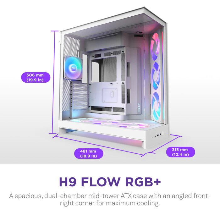 NZXT H9 Flow RGB+ 2025 CM-H92FW-P1 Dual-Chamber 7 RGB Fanlı ATX Beyaz Bilgisayar Kasası